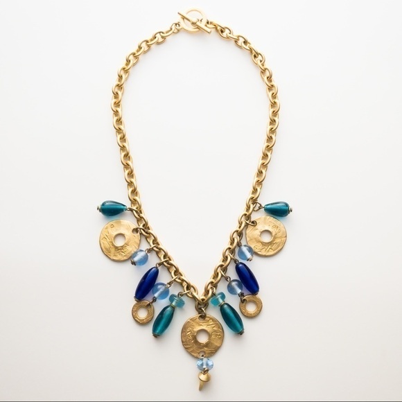 Chunky Gold Tone Charm Pendant Chain Necklace Blue Green Glass Deja Designs - Picture 5 of 13